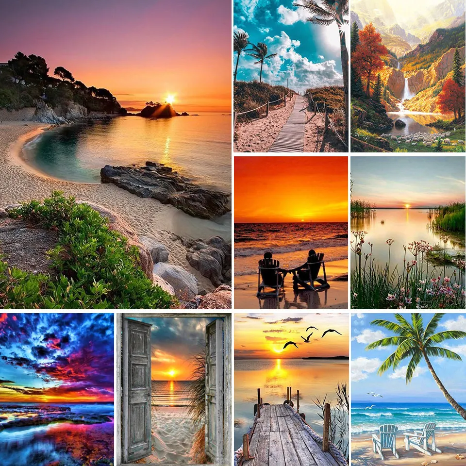 5D DIY Diamond Painting Landscape Sunset Sea Kit Full Drill Embroidery Mosaic Art Picture of Rhinestones Home Decor Gift