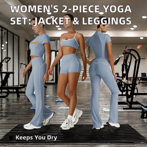 Ensemble de yoga et de fitness 2 pièces pour femmes de haute qualité, respirant, avec fermetures éclair, veste de sport à manches courtes, leggings évasés, couleur unie - Product Image 2