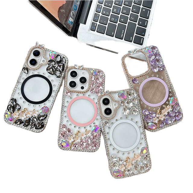 2026 ins style Women's Luxury Rhinestone Flower Shockproof PC Phone Case for Iphone 17 Pro Max 16 Plus 15