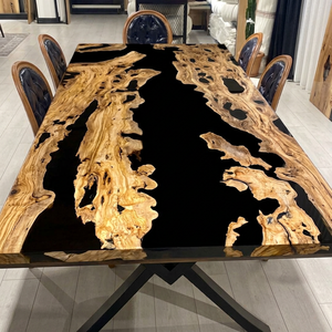 Table à manger rectangulaire moderne en résine avec bord naturel, pieds en métal, faite à la main, 6 places, mobilier pour la maison, hôtel, appartement - Product Image 1