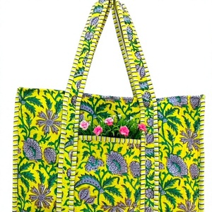 Bright yellow floral printed quilted cotton <b>tote</b> <b>bag</b> <b>with</b> striped handles front <b>pocket</b> stylish padded shoulder <b>bag</b> for shopping - Product Image 1