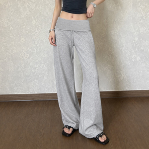 Women High Waist Fold Over Flare Pants Stretch Wide Leg Knit Pants Casual Loose Fit <b>drawstring</b> Lounge <b>Trousers</b> Solid Bell Bottom - Product Image 4