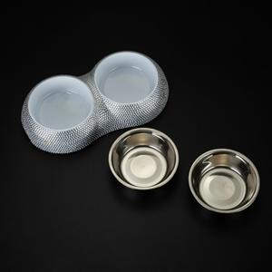Bols pour animaux de compagnie en acier inoxydable avec strass cloutés, double couche, double compartiment pour nourriture et eau, design luxueux et brillant pour chiots et chats - Product Image 4