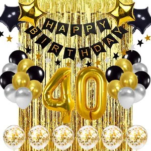 40th Birthday Decorations Happy Birthday Banner Black And Gold Number Foil Balloons Party Supplies Decoration