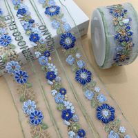 Ruban en organza brodé floral, dentelle transparente à fleurs bleues, détails brodés au fil doré, accessoires de mode pour femmes