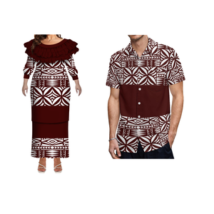 تصميم نمط جديد مقاس كبير مباراة زوجين ملابس tong Samoa Puletasi فستان مخصص سيدة طويلة الأكمام فستان Aloha الرجال قميص 2 قطعة - Product Image 1