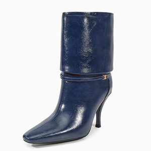 Women's Metal Buckles Short <b>Boots</b> Spike High-Heeled Pointed Toe Ankle Booties Turn Over on Shoes - Product Image 2