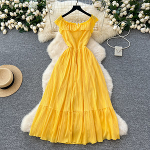 ชุดเดรสสีเหลืองสำหรับผู้หญิงแบบเปิดไหล่เอวสูงความยาวปานกลางแบบหรูหรา - Product Image 4