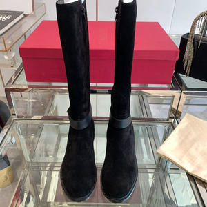 Women Black Suede Knee High <b>Boots</b> Flat Heel Side Zipper with Strap Detail for Daily Casual Wear - Product Image 1