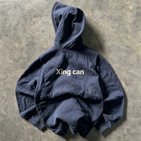 Sweat-shirt à capuche entièrement zippé doublé en sherpa personnalisé, extérieur en molleton bleu foncé, broderie de lettres en chenille, sweat-shirt chaud d'hiver