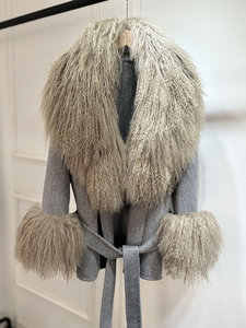 <span class=keywords><strong>Manteau</strong></span> <span class=keywords><strong>court</strong></span> d'hiver Janveny en laine double face pour <span class=keywords><strong>femme</strong></span>, avec col et poignets en fourrure de mouton mongol bouclée, ceinture à la taille, veste chaude en mélange de laine - Product Image 6