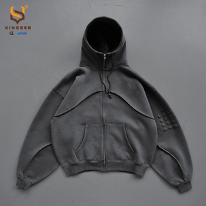 Sweat à capuche zippé oversize vintage délavé à l'acide, broderie 3D en relief, style gothique streetwear, pour homme - Product Image 1