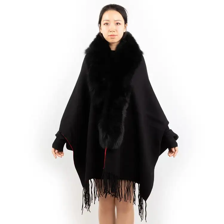 New Women Real Fox Fur Trim Collar Shawl Wool Wrap Fashion Black Women Poncho with tassel
