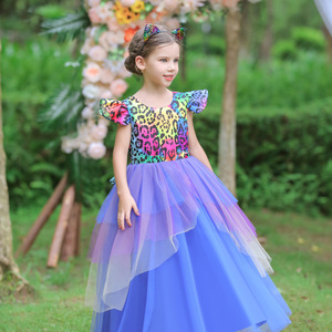 Vestido de niña de flores para niños, vestido de tul morado y azul, disfraz de cosplay con cuello redondo, talla mediana y grande - Product Image 2