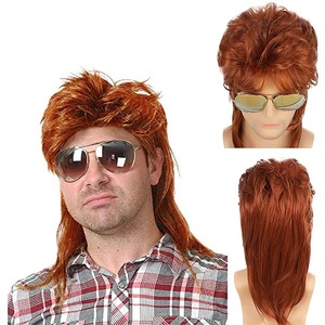 Perruque Mullet <span class=keywords><strong>Homme</strong></span> en Gros, <span class=keywords><strong>Cheveux</strong></span> Bouclés Bruns, Fibre Haute Température, Peut Être Permanente et Teintée, Perruques Vintage Années 80 pour Cosplay - Product Image 4