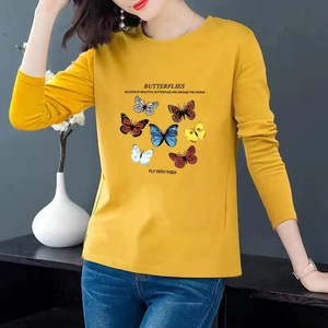 Women's Printed Long Sleeve T-Shirt Yellow Butterfly Design Breathable Milk Silk Knitted <b>Top</b> For Spring Autumn Plus Size Mother - Product Image 1