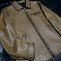 Veste en cuir de mouton vintage pour homme, col rabattable, fermeture éclair, passepoil contrastant, poche poitrine, patchwork, respirante, décontractée, olive