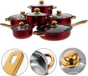 Juego de ollas y sartenes antiadherentes rojas con tapa de vidrio y mango de acero inoxidable para cocina doméstica - Product Image 2