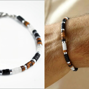 <span class=keywords><strong>Bracelet</strong></span> délicat en acier inoxydable avec perles en œil de tigre et onyx noir, pierre précieuse naturelle, protection spirituelle puissante, cadeau unisexe - Product Image 3