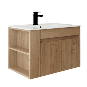 Meuble-lavabo de salle de bain 30 pouces en bois avec vasque en céramique blanche, étagère ouverte réglable, design moderne minimaliste, fixation murale - Product Image 1