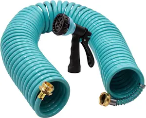 Flexible Garden Hose EVA Coiled Water Hose with 7 Pattern Spray Nozzle Retractable No Kink Ideal for Boat Greenhouse Yard Patio