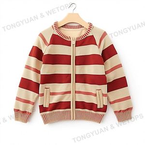 Cardigan personnalisé de haute qualité pour garçon, fermeture éclair, col rond, rayé, tricot en coton pour enfants - Product Image 6