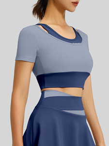 Wholesale Women's <b>Built</b>-<b>in</b> <b>Bra</b> Pad Yoga <b>Top</b> 2 <b>in</b> 1 Layered Short Sleeve Workout Shirt Slim Fit Breathable Athletic Wear OEM ODM - Product Image 3