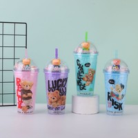 Gobelet élégant de 450 ml à double paroi en plastique, thème Ours Skater, avec paille, couvercle dôme anti-fuite, sans BPA, écologique, pompon pastel