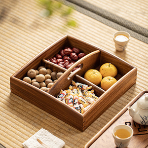 Bandeja rectangular de madera de nogal con cuatro compartimentos para refrigerios, plato para té y frutas para la sala de estar, uso en fiestas de Año Nuevo - Product Image 3