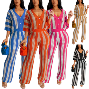 J0318 2026 Ensemble deux pièces tendance pour femme : Haut tricoté rayé à col et découpes en V et pantalon large – Ensemble <span class=keywords><strong>2</strong></span> pièces pour femme - Product Image 1