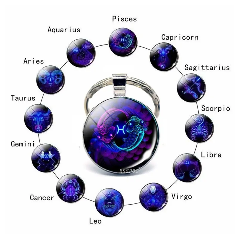 Llavero con signo del zodiaco de 12 constelaciones para mujer y yo, llavero de esfera de cristal, de un solo lado, escorpio, Leo Aries, regalo de cumpleaños