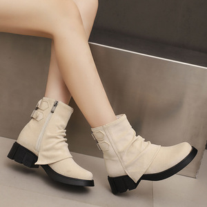 Botines de mujer con punta redonda y tacón grueso, de ante sintético, con hebilla y cremallera, de color liso, antideslizantes, envío directo - Product Image 4