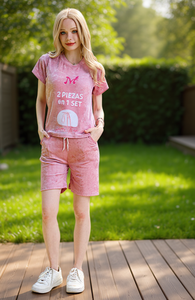 Mora Wear Completo da donna 2 pezzi con pantaloncini in spugna, vestibilità ampia, girocollo, manica corta, casual, primavera estate, traspirante, sopra il ginocchio, tinta unita rosa - Product Image 2