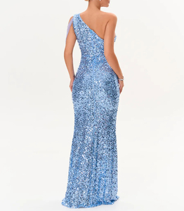 Đầm dạ hội nữ màu xanh nhạt đính sequin, một dây, phối chuỗi hạt, tua rua, xẻ cao, lấp lánh, sang trọng - Product Image 2