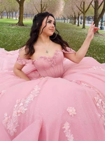 Prinzessinnen-Rosa Quinceañera-Kleid Ballkleid mit Blumenapplikationen Perlenstickerei Schleife Sweet 16 Vestidos De 15 Anos