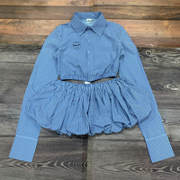 Nouvelle arrivée personnalisée de haute qualité rayure à base d'eau impression culture bouton chemise taille élastique ourlet costume ensembles de robes pour les femmes
