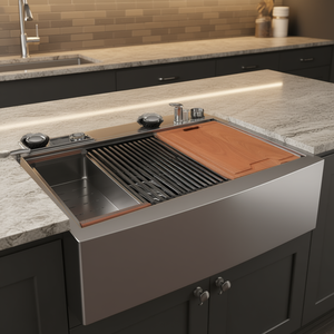 อ่างล้างจานครัวสไตล์ฟาร์มเฮาส์ ขนาด 36x22x10 นิ้ว สแตนเลสสตีล แบบมีผ้าคลุมด้านหน้า อ่างคู่อเนกประสงค์ - Product Image 2