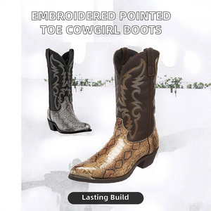 Bottes de cow-girl tendance pour femmes, vente chaude, 2025, bout rond brodé, talon empilé, chaussures en PU, bottes de cow-boy tendance - Product Image 2