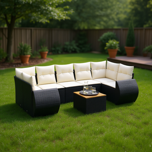 Conjunto de Sofás de Jardín en Negro y Crema, Muebles de Ratán para Exteriores con Cojines de Espuma de Alta Densidad, Diseño Contemporáneo, Impermeable - Product Image 2