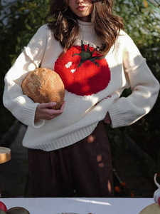 Maglione lavorato a <span class=keywords><strong>maglia</strong></span> con motivo a base di pomodoro bianco con motivo a tracolla arrotolato Pullover casual Chic allentato - Product Image 6