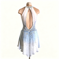 Tenue de patinage artistique dégradé blanc-bleu, col halter en V, dos ouvert, sans manches, avec strass, pour enfants et adultes, pour concours de danse sur glace