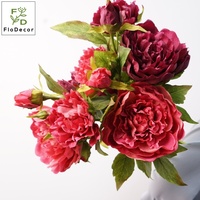 Nouveautés : Grande pivoine artificielle en latex blanc 72 cm à 3 têtes, toucher réel, couleur bordeaux, pour décoration d'automne, de table ou de mariage