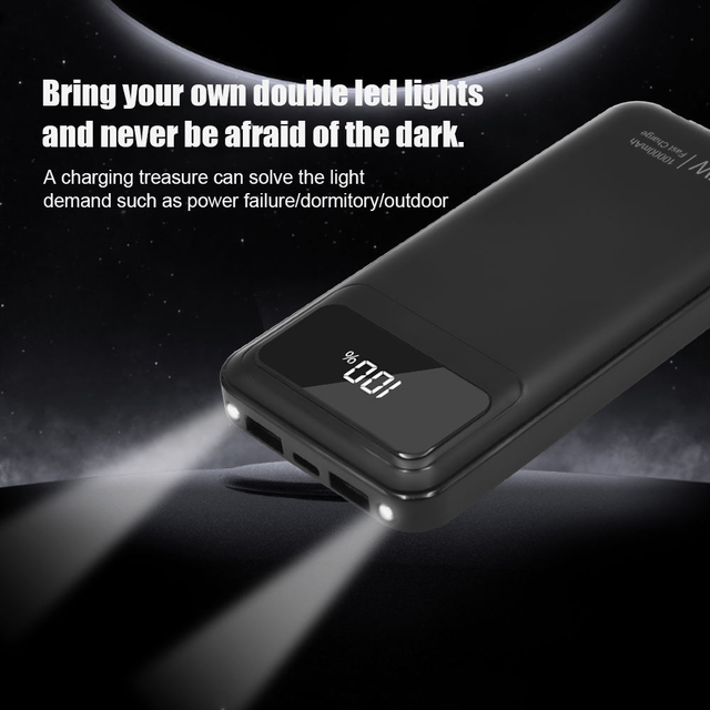 Portable Power Bank Large 10000mah 22.5W Fast Charging QC3.0 Type-C USB Built in 4 Cables Emergency Flashlight Led Display