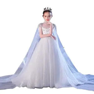 Prinzessin Weiß Brautkleid Cape Sleeves Long Trail Mädchen Geburtstags feier Blumen mädchen Kleider 2 bis 13 Jahre alt