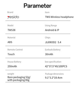 Yesido bt5.4 cảm ứng điều khiển từ xa TWS Tai nghe không dây dài sử dụng thời gian steren âm thanh tai nghe không dây tws38 - Product Image 5