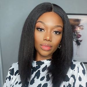 Perruque courte en cheveux humains de couleur naturelle, cheveux de bébé brésiliens, texture Yaki droite, perruque <span class=keywords><strong>bob</strong></span> droite crépue 13X4 - Product Image 2