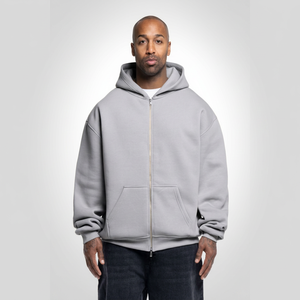 Sweat-shirt à capuche zippé en molleton gris pour homme, coupe oversize, couleur unie, style streetwear décontracté, pull en coton tricoté pour l'hiver - Product Image 1