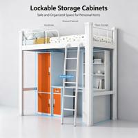Lit mezzanine en métal pour une personne avec armoire intégrée et bureau d'étude pour dortoir, chambre, enfants, adolescents, adultes