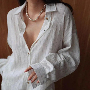 เสื้อเชิ้ตผ้าลินินผส<span class=keywords><strong>ม</strong></span>ลายทางสไตล์ฝรั่งเศส ทร<span class=keywords><strong>ง</strong></span>หลว<span class=keywords><strong>ม</strong></span> น้ำหนักเบา สำหรับผู้หญิ<span class=keywords><strong>ง</strong></span> ติดกระดุ<span class=keywords><strong>ม</strong></span> - Product Image 6