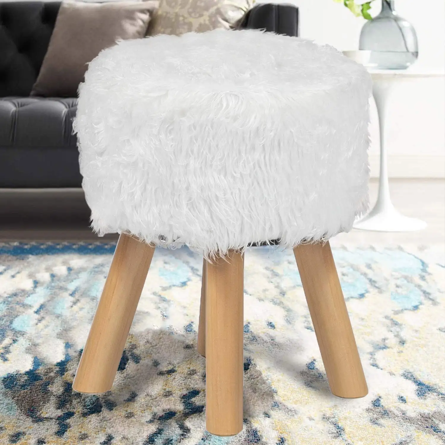 Simples Design Otomano Elegante Perna Cromada Pública Redonda Coral Veludo Casa Móveis Sala de estar Móveis Home Stool & Ottoman